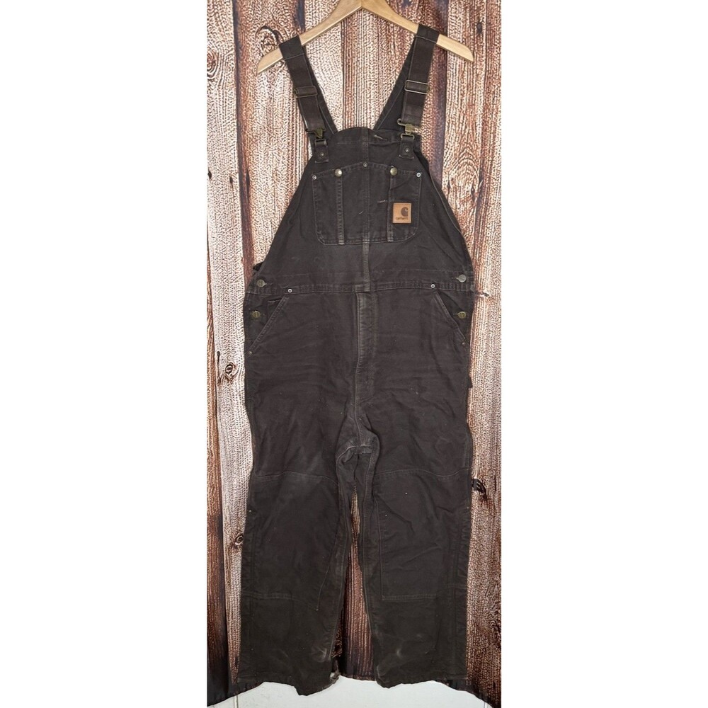 Carhartt Quilt Lined Duck Bib Overalls Mens 42x38 Dark Brown Double Knee R27-DKB